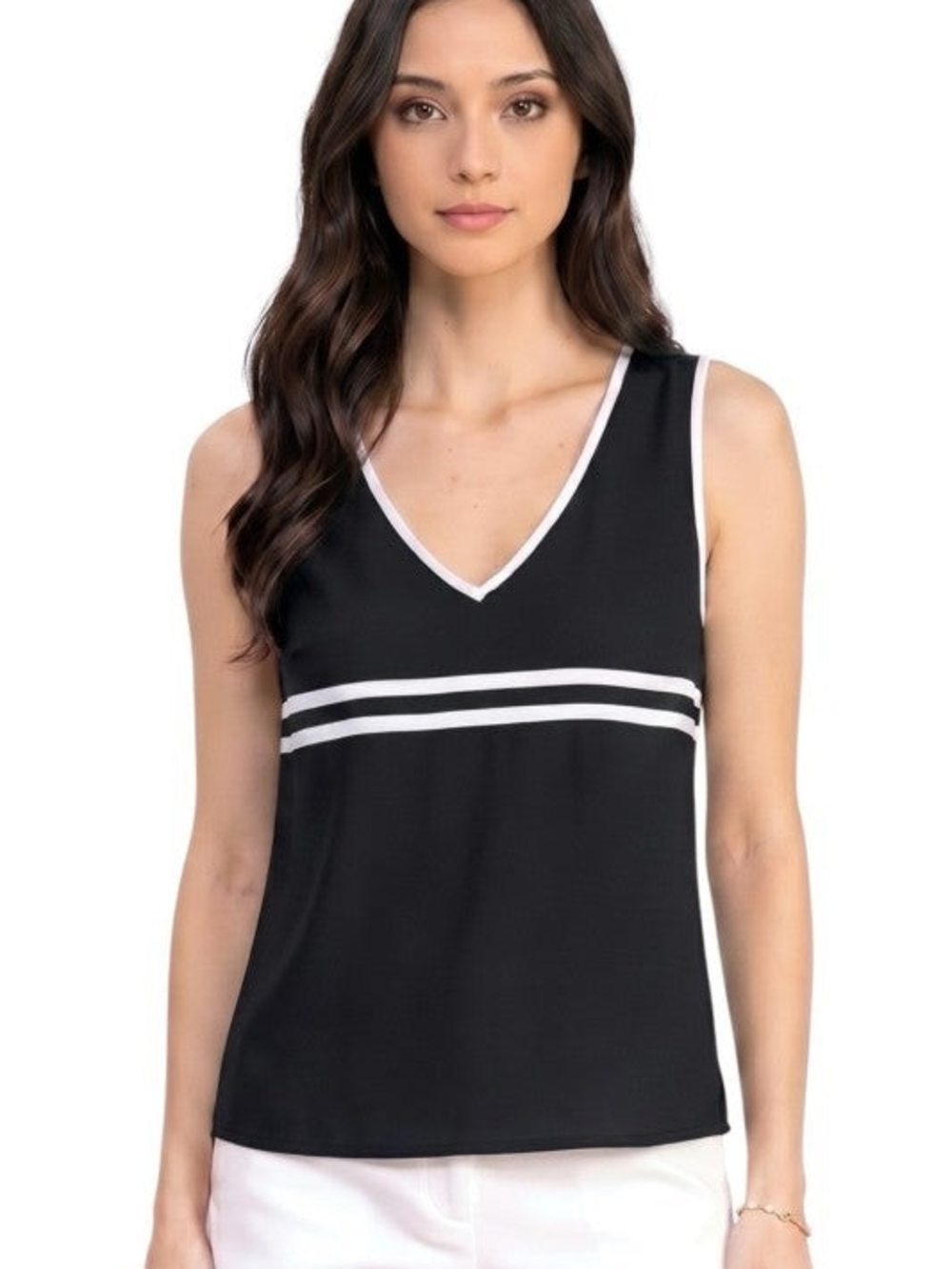 Black with White Stripes Sleeveless Slimming Fit Tee